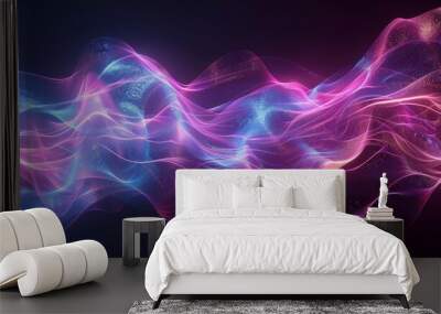 Abstract illustration of pink and blue frequency signal waves as particles passing in medium against dark background Wall mural