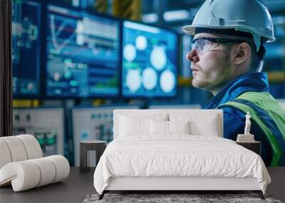 Advanced clean energy control room, showcasing high-tech monitoring tools for grid technologies, with a technician in safety equipment Wall mural