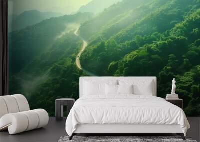 Aerial view of green forest and mountain path, sustainability roadmap concept Wall mural