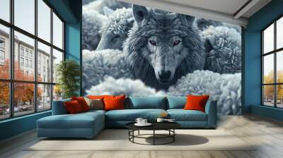 Artistic rendering of a wolf hiding among a flock of sheep, symbolizing deception and camouflage in an environment of trust. Wall mural