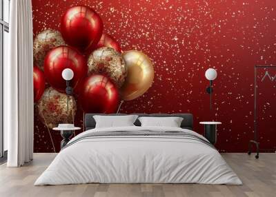 Birthday party with red and gold balloons, background festival celebration, carnival theme, vibrant red template Wall mural