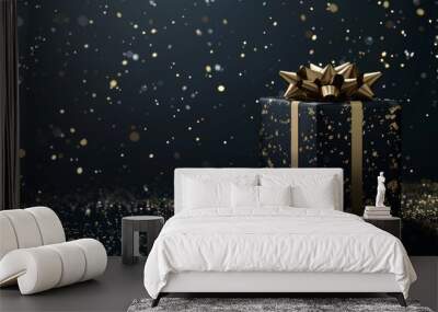 Black and gold gift box, luxurious present, black background, glitter sparkles, festive celebration, elegant design, Black Friday banner Wall mural