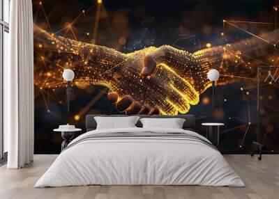 Business partnership sealed with a handshake, glowing digital connections, financial district background, digital art Wall mural