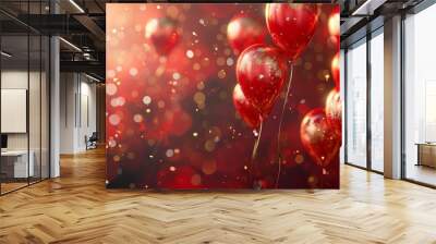 Carnival festival with red and gold balloons, background celebration banner, party or birthday, bright red backdrop Wall mural