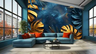 Chic gold plant outlines against a sophisticated black and blue canvas Wall mural