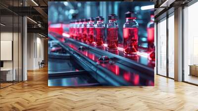 Conveyor belt in pharmaceutical factory with vials of red liquid. Medical production line. Advanced laboratory technology. Wall mural