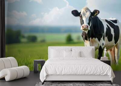 Cow standing on a green grass field, with a peaceful countryside background Wall mural