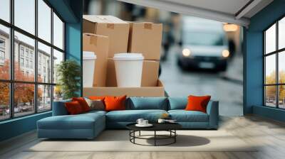 Delivery van with takeout coffee cups and stacked cardboard boxes on a city street, ideal for business and logistics themes. Wall mural