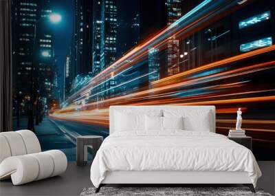 Dynamic city scene at night with blurred lights and silhouettes, expressing motion and energy. Wall mural