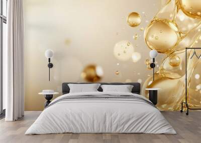 Elegant depiction of gold serum bubbles with soft reflections, emphasizing the luxurious essence of beauty products, radiant and refined visual Wall mural