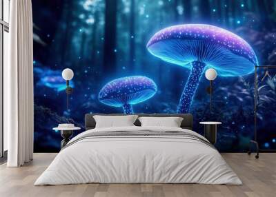 Enchanted forest scene featuring bioluminescent mushrooms glowing in a mystical atmosphere, surrounded by ethereal lights. Wall mural