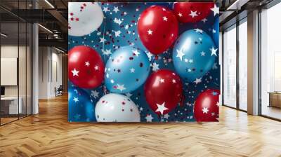 Festive celebration with red, blue, and white balloons and star confetti on a blue background, perfect for patriotic events and festive occasions. Wall mural