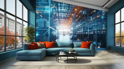 Futuristic smart warehouse with glowing high-tech infrastructure, automated robots, and digital technology in a modern logistics facility. Wall mural