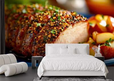 Juicy roasted pork loin with a crispy herb crust, served with apple compote, savory and sweet Wall mural