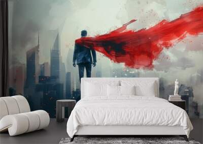 Man with red cape standing on rooftop overlooking a futuristic cityscape, exuding heroism and strength amidst towering skyscrapers. Wall mural