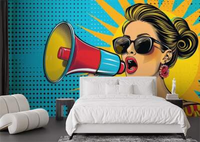 Pop art woman with a megaphone, dramatic expression, vibrant colors Wall mural