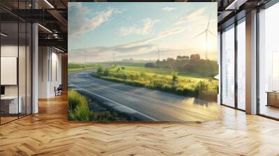 Scenic countryside road with wind turbines and solar panels under a beautiful sky, showcasing renewable energy in a rural landscape. Wall mural