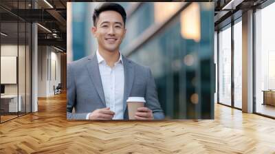 Smiling businessman holding a coffee cup outside modern office buildings. Wall mural