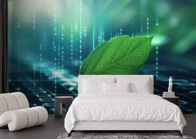 Stock market chart with a green leaf infinity loop, symbolizing sustainable business growth, clean and detailed, futuristic background, 3D render Wall mural