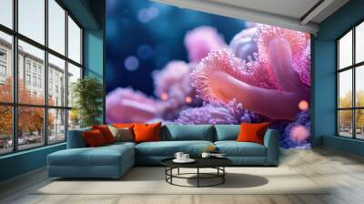 Stunning close-up of colorful coral, featuring intricate textures and vibrant hues, showcasing the beauty of underwater life. Wall mural