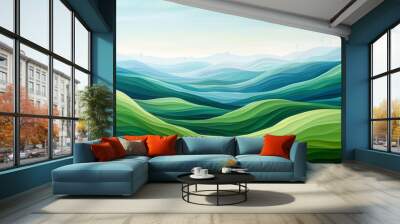 Sustainable energy hills, wind turbines, ESG abstract landscape, lush green hills Wall mural