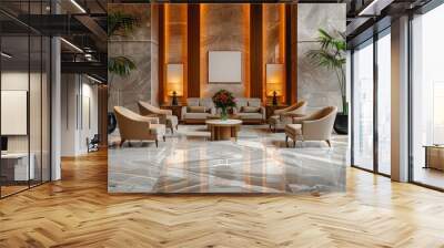 The photo shows a modern hotel lobby with a marble floor, comfortable chairs, and stylish decorations. Wall mural