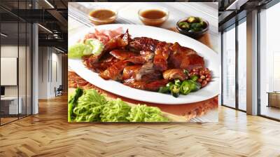 close up chinese roasted duck and green noodle in white dish Wall mural