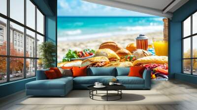 A beachside picnic scene with a variety of sandwiches laid out on a blanket, with a sunny ocean view in the background Wall mural