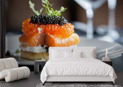 A luxurious breakfast sandwich with caviar, smoked salmon, and crème fraîche, served on a fine dining plate Wall mural