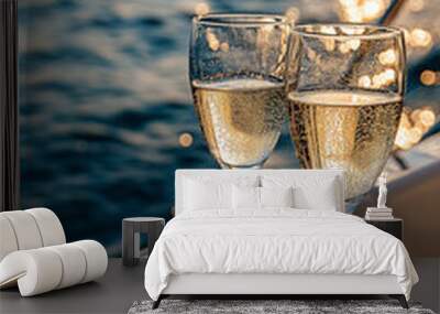 A luxurious yacht party with glasses of champagne, a stunning ocean view, and elegant guests Wall mural