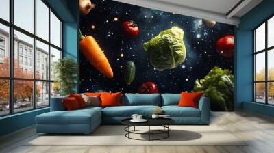 A surreal composition of vegetables floating in space, with each vegetable glowing softly against a backdrop of stars Wall mural