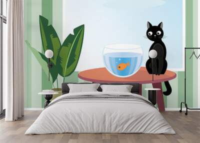 Naughty cat watching fish Wall mural