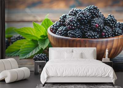 A bowl of ripe and juicy blackberries , Berries, fruit, food, fresh, delicious, organic, healthy, breakfast, snack, dessert Wall mural