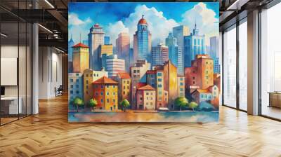 A picturesque aquarelle cityscape featuring peach and blue buildings under a blue sky , watercolor,cityscape, architecture Wall mural