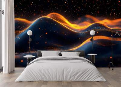 Abstract Wavy Digital Landscape with Orange Glowing Particles Wall mural