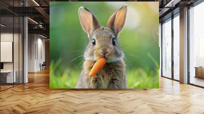 Adorable bunny with a carrot in its mouth, rabbit, food, vegetables, cute, furry, mammal, pet, farm, agriculture, white Wall mural