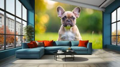 Adorable French bulldog puppy sitting on grassy lawn with playful expression, French bulldog, puppy, cute, grass, lawn, playful Wall mural