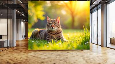 Cat lounging on a green meadow under the bright sun , Cat, meadow, grass, sunny, relaxation, peaceful, green, outdoor, nature, fur Wall mural