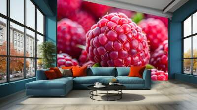 Close-up of a fresh ripe raspberry , fruit, berry, red, healthy, sweet, vibrant, organic, juicy, macro, summer Wall mural