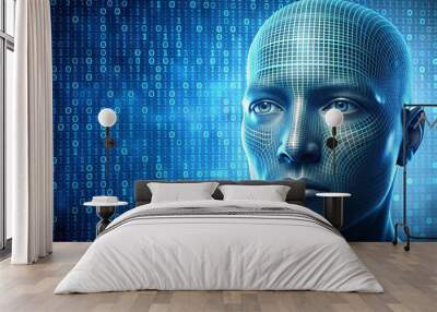 Close-up of a head with digital code , technology, futuristic, cybersecurity, data, programming, innovation Wall mural