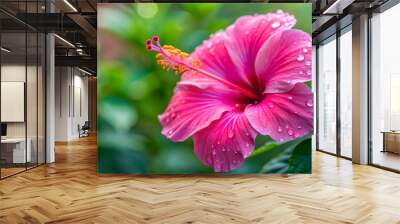 Close-up of a vibrant pink hibiscus flower with dewdrops in a summer garden setting, hibiscus, flower, pink, vibrant, dewdrops Wall mural