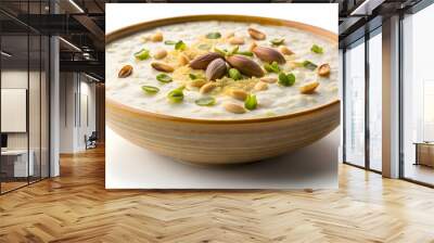 Closeup of homemade kheer with rice and milk, topped with chopped pistachios, isolated on white background, copy space Wall mural