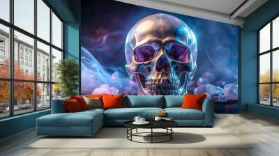 Crystal skull on a dark background with mystical and ancient vibes, crystal, skull, mystic, ancient, spooky, Halloween Wall mural