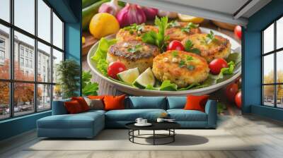 Delicious crab cakes served with colorful assortment of fresh vegetables , crab cakes, vegetables, seafood, dish, cooking Wall mural