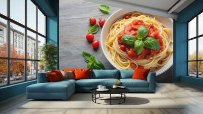 Delicious pasta with fresh basil tomato sauce served in a white bowl, pasta, basil, tomato, sauce, Italian, meal, food Wall mural