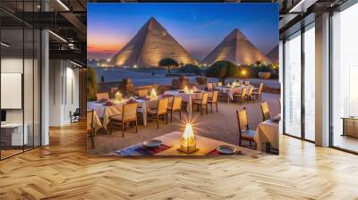 Dinner scene at the Pyramids in Egypt, with tables set up for a luxurious meal under the stars, Egypt, Pyramids, dinner, meal Wall mural