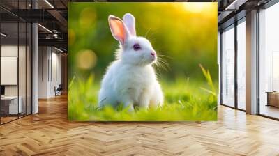 Fluffy white rabbit sitting in a grassy field , cute, furry, bunny, hare, animal, wildlife, domestic, pet, fur, fluffy, grass Wall mural