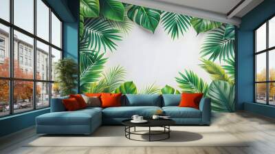 Frame filled with vibrant tropical leaves, tropical, leaves, frame, green, fresh, foliage, botanical, background, nature Wall mural