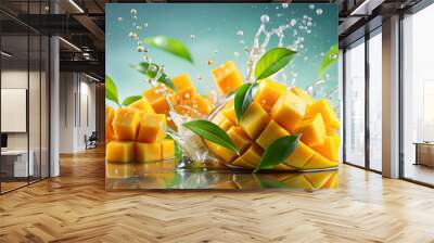 Fresh mango cubes splashing in water with green leaves, mango, cubes, splashing, water, green leaves, freshness, tropical Wall mural