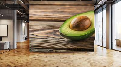 Fresh ripe avocado half on a rustic wooden table , avocado, fruit, food, healthy, green, ripe, organic, natural, nutrition Wall mural